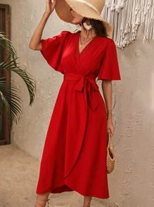 Breezaya 交疊領蝴蝶袖側打結圍裹洋裝 - 紅色 - 查看 6
