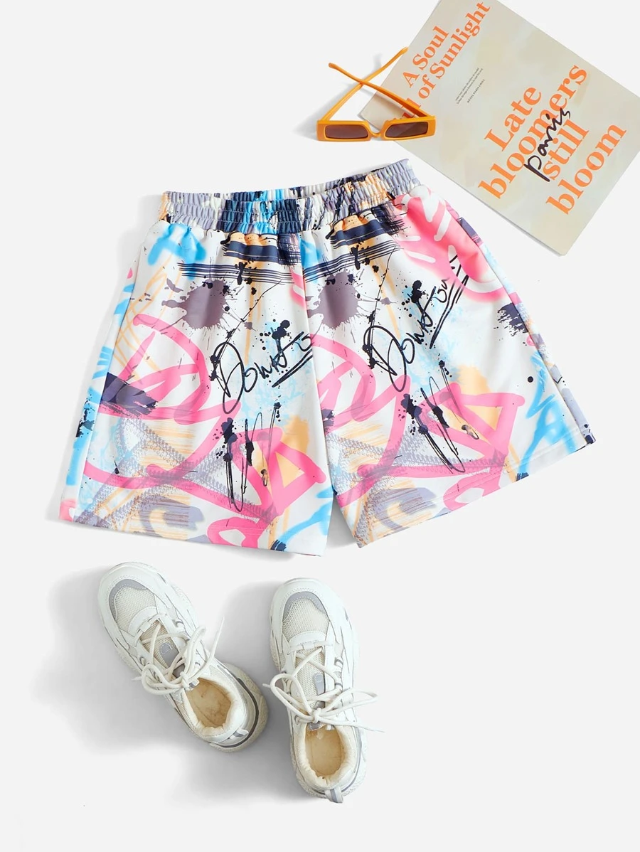 SHEIN EZwear 字母圖案彈性腰帶短褲 - 彩色 - 查看 1