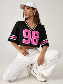 SHEIN EZwear 數字圖案條紋飾邊落肩袖短款棒球T恤 - 黑色 - 查看 5