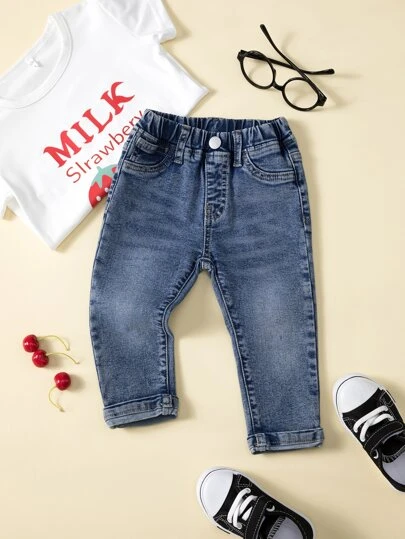 SHEIN Jeans de niña bebé de uso diario casual, con estampado de bigotes de gato, cintura completamente elástica, bolsillos planos, los mejores pantalones de moda diaria