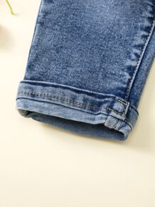 SHEIN Baby Girl Neutral Casual Daily Cat Whisker Fully Elastic Waist Flat Pockets Jeans,The Best Daily Fashion Pants - Medium Wash - View 3