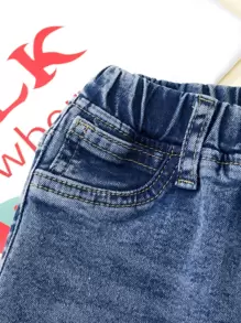 SHEIN Baby Girl Neutral Casual Daily Cat Whisker Fully Elastic Waist Flat Pockets Jeans,The Best Daily Fashion Pants - Medium Wash - View 4