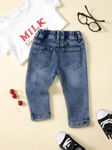 SHEIN Baby Girl Neutral Casual Daily Cat Whisker Fully Elastic Waist Flat Pockets Jeans,The Best Daily Fashion Pants - Medium Wash - View 6
