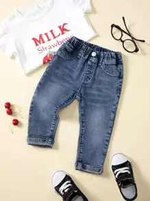 SHEIN Baby Girl Neutral Casual Daily Cat Whisker Fully Elastic Waist Flat Pockets Jeans,The Best Daily Fashion Pants - Medium Wash - View 7