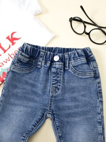 SHEIN Baby Girl Neutral Casual Daily Cat Whisker Fully Elastic Waist Flat Pockets Jeans,The Best Daily Fashion Pants - Medium Wash - View 8