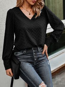 SHEIN LUNE Solid V Neck Tee - Black - View 1