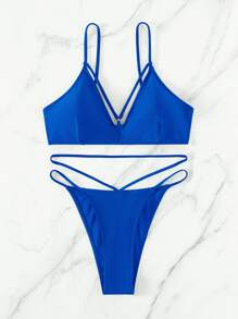 Conjunto de bikini de tanga liso para verano en la playa - azul real - Ver 3