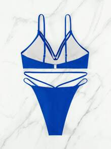Conjunto de bikini de tanga liso para verano en la playa - azul real - Ver 4