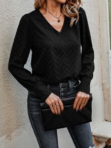 SHEIN LUNE Solid V Neck Tee - Black - View 3