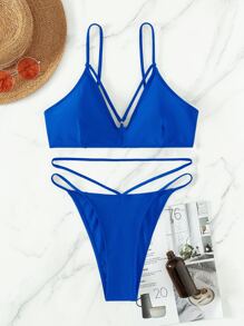 Conjunto de bikini de tanga liso para verano en la playa - azul real - Ver 6