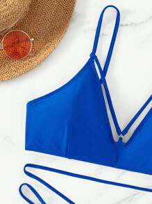 Conjunto de bikini de tanga liso para verano en la playa - azul real - Ver 7