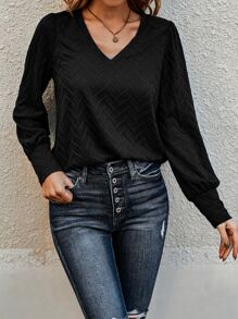 SHEIN LUNE Solid V Neck Tee - Black - View 4