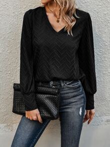 SHEIN LUNE Solid V Neck Tee - Black - View 5