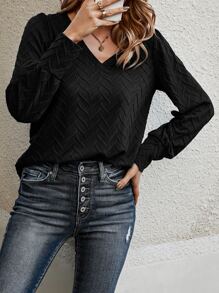 SHEIN LUNE Solid V Neck Tee - Black - View 6