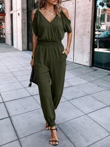 SHEIN LUNE Cold Shoulder Knot Shoulder Shirred Waist Slant Pockets Jumpsuit
