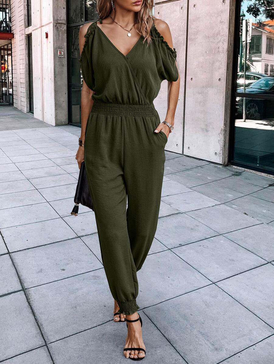 SHEIN LUNE Cold Shoulder Knot Shoulder Shirred Waist Slant Pockets Jumpsuit