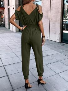 SHEIN LUNE Cold Shoulder Knot Shoulder Shirred Waist Slant Pockets Jumpsuit