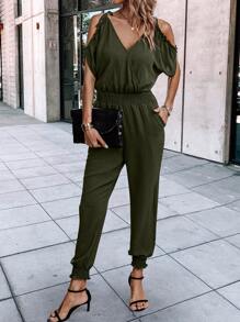 SHEIN LUNE Cold Shoulder Knot Shoulder Shirred Waist Slant Pockets Jumpsuit