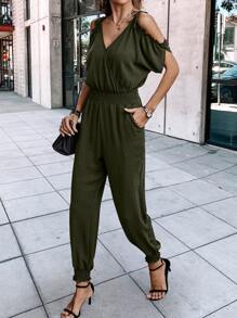 SHEIN LUNE Cold Shoulder Knot Shoulder Shirred Waist Slant Pockets Jumpsuit