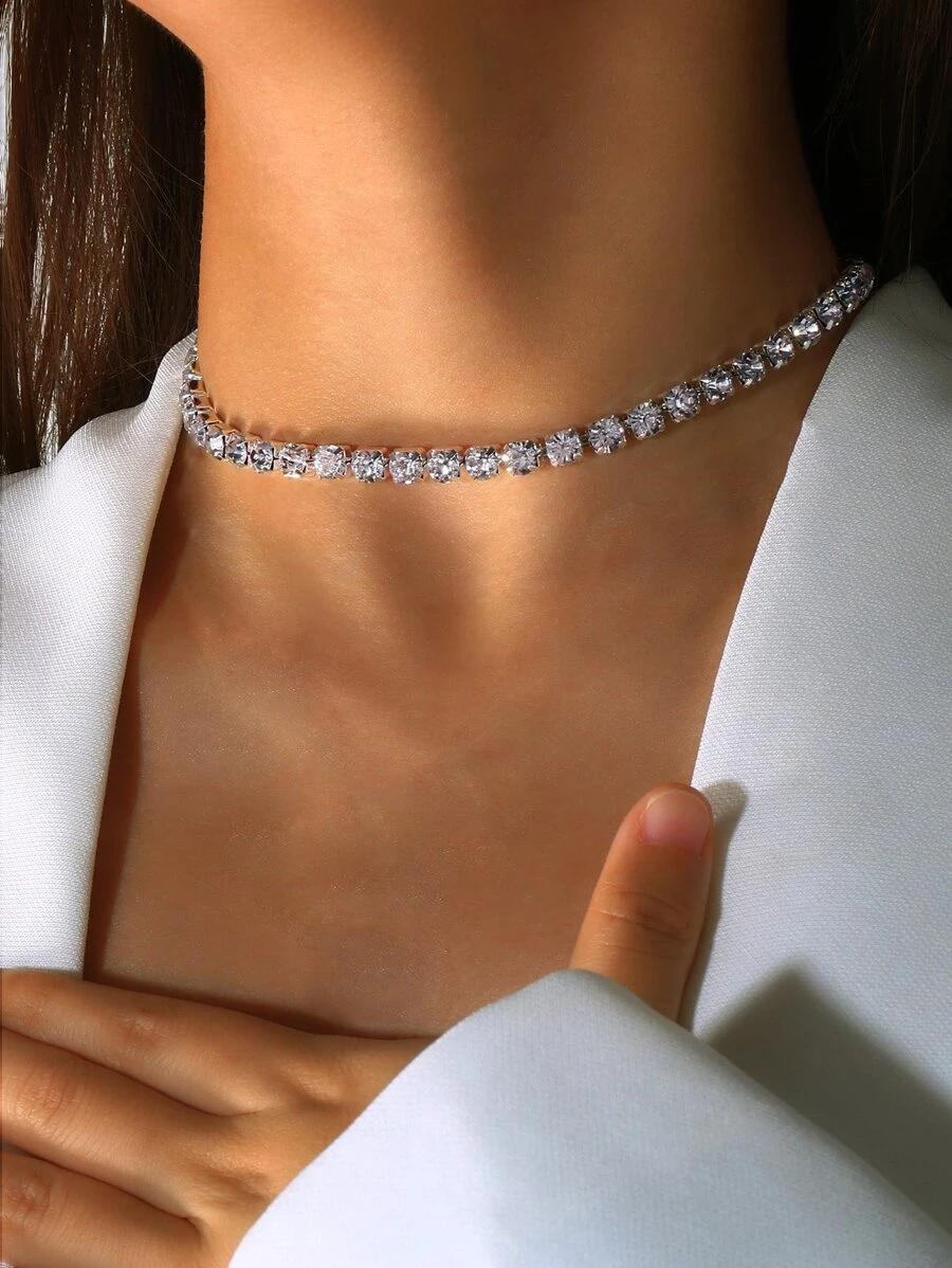 水鑽裝飾頸鏈 - 銀色 - 查看 1