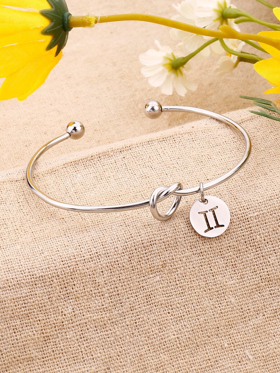 1入組雙子座象徵細節圓形吊飾開口手鐲,不銹鋼首飾類 - 銀色 - 查看 1