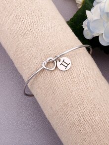 1入組雙子座象徵細節圓形吊飾開口手鐲,不銹鋼首飾類 - 銀色 - 查看 2