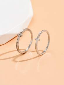 2入組/套方晶鋯石十字架裝飾戒指銅首飾類 - 銀色 - 查看 2