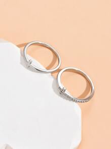 2入組/套方晶鋯石十字架裝飾戒指銅首飾類 - 銀色 - 查看 4