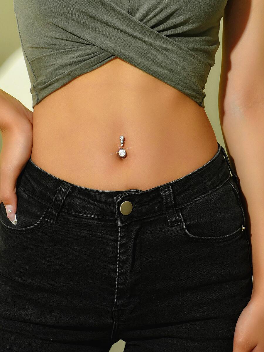 1入組方晶鋯石裝飾臍環中性時尚朋克身體穿刺首飾銅首飾類 - 銀色 - 查看 1