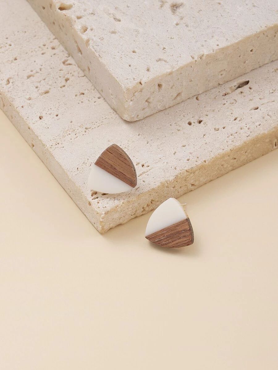 木頭三角形耳釘 - 彩色 - 查看 1