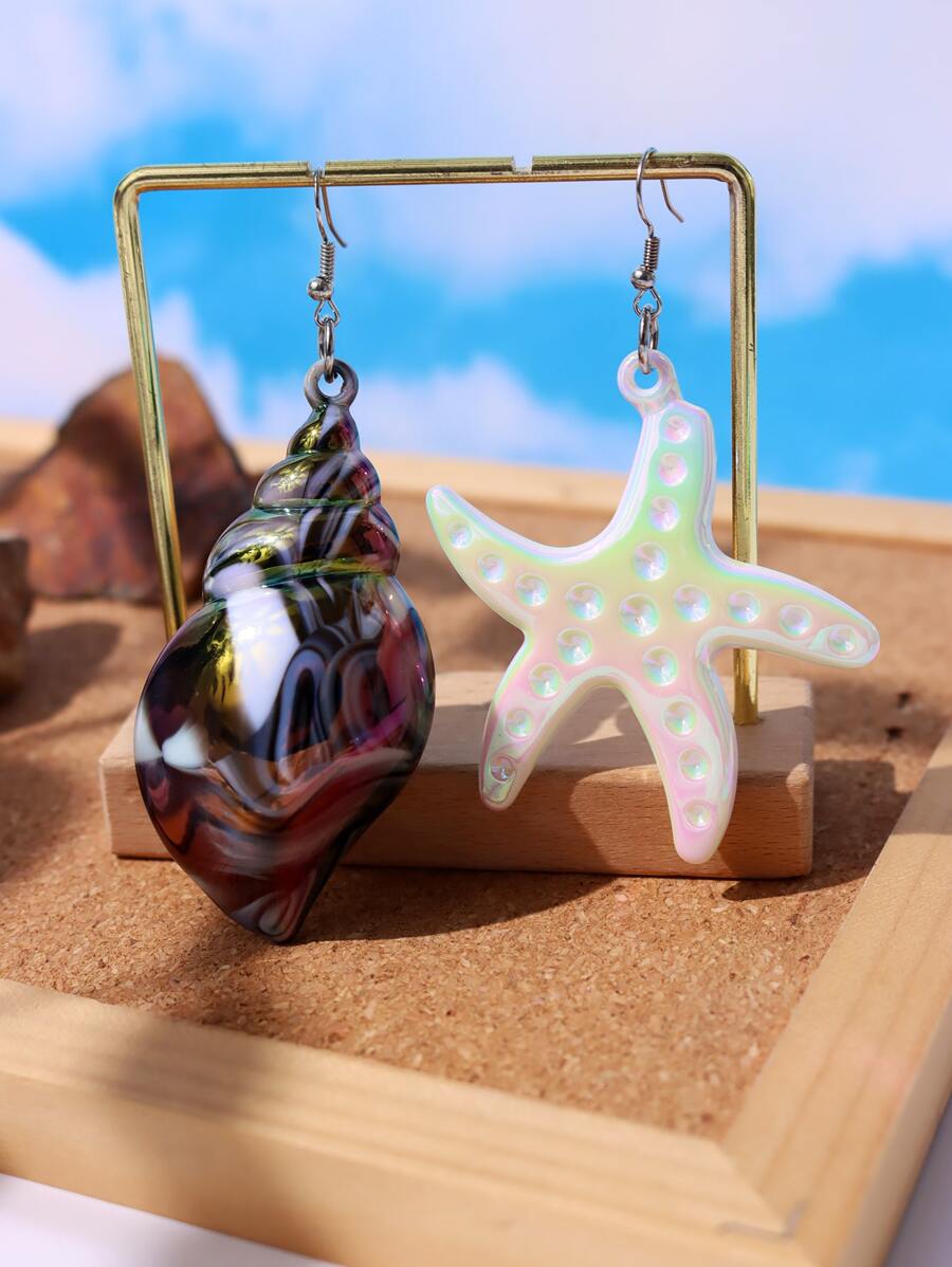Conch & Starfish Decor Mismatched Drop Earrings - Multicolor - View 1