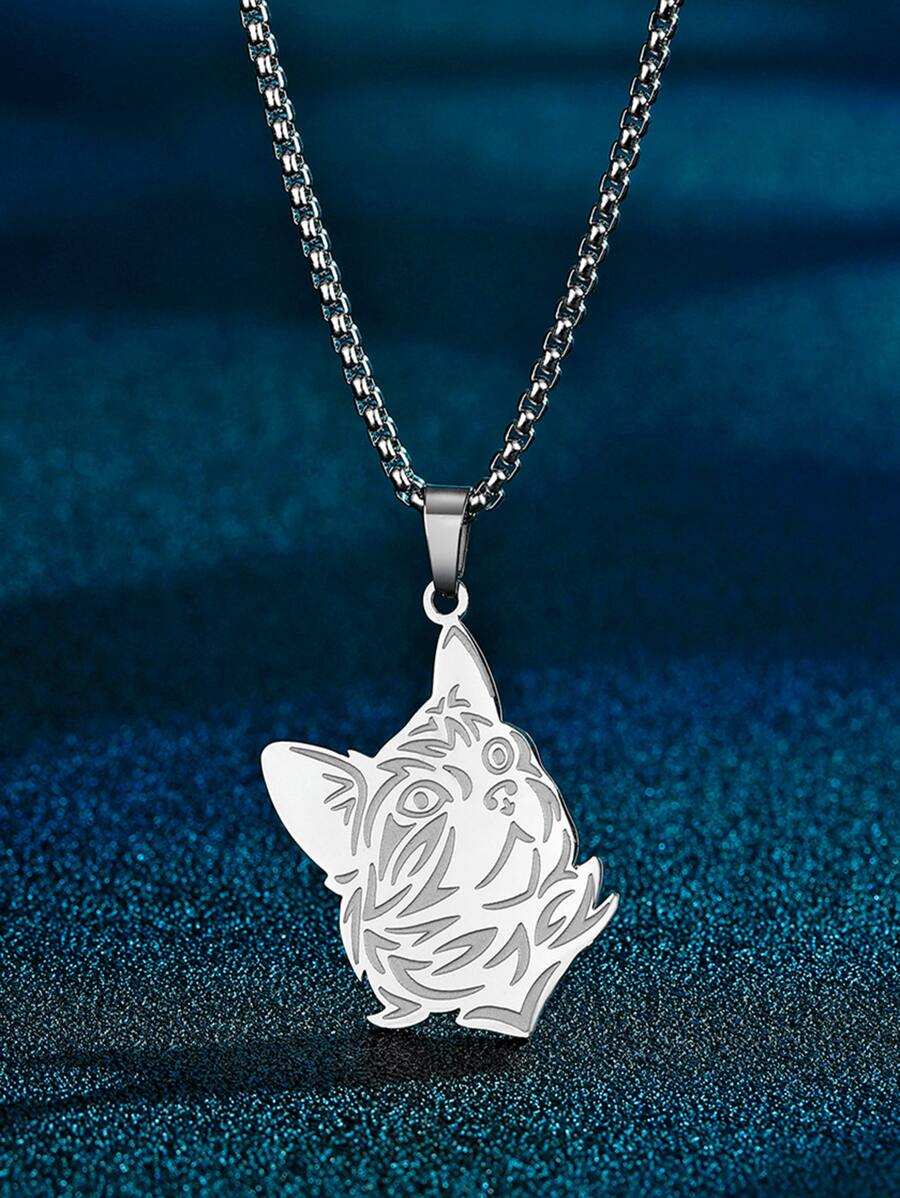 Men Cartoon Cat Head Pendant Necklace - Silver - View 1