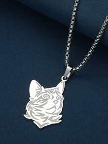 Men Cartoon Cat Head Pendant Necklace - Silver - View 2