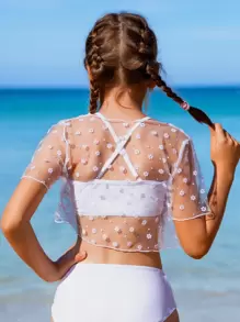 Girls Open Front Sheer Crop Kimono - White - View 1