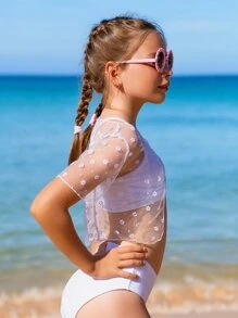 Girls Open Front Sheer Crop Kimono - White - View 4