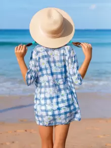 少女格子和花卉印花比基尼套装搭配和服夏日海滩