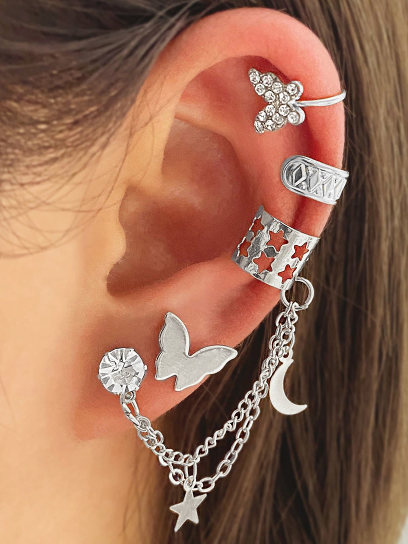 2 piezas/set con diamante de imitación con diseño de mariposa Cuff de oreja & 2 piezas/set Arete