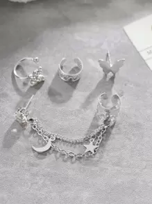2 piezas/set con diamante de imitación con diseño de mariposa Cuff de oreja & 2 piezas/set Arete