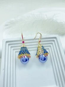 2 件/套时尚方晶锆石和仿珍珠铜耳环 - 金黃色 - 查看 2