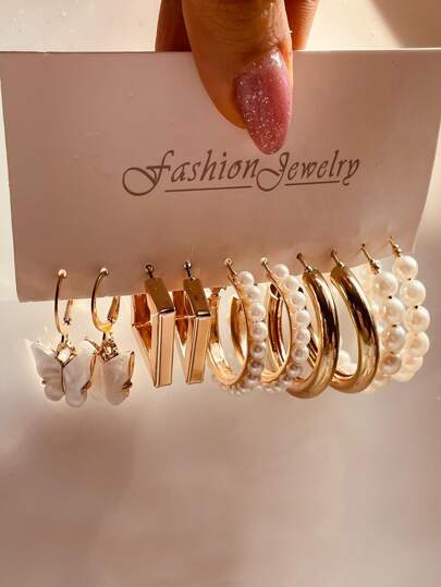 أقراط مزينة بفراشة ولؤلؤ صناعي، مجموعة 10 أزواج