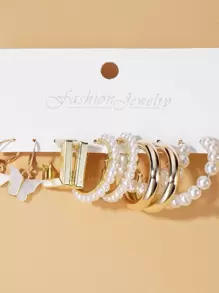 10對/組蝴蝶及人造珍珠裝飾耳環 - 金黃色 - 查看 4