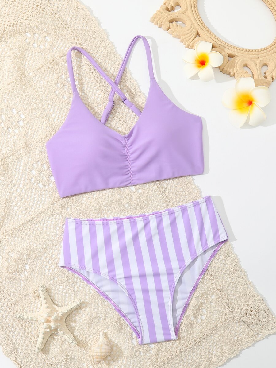 Conjunto de bikini fruncido a rayas para niña preadolescente, verano playa - Multicolor - Ver 1