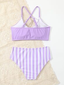 Conjunto de bikini fruncido a rayas para niña preadolescente, verano playa - Multicolor - Ver 2