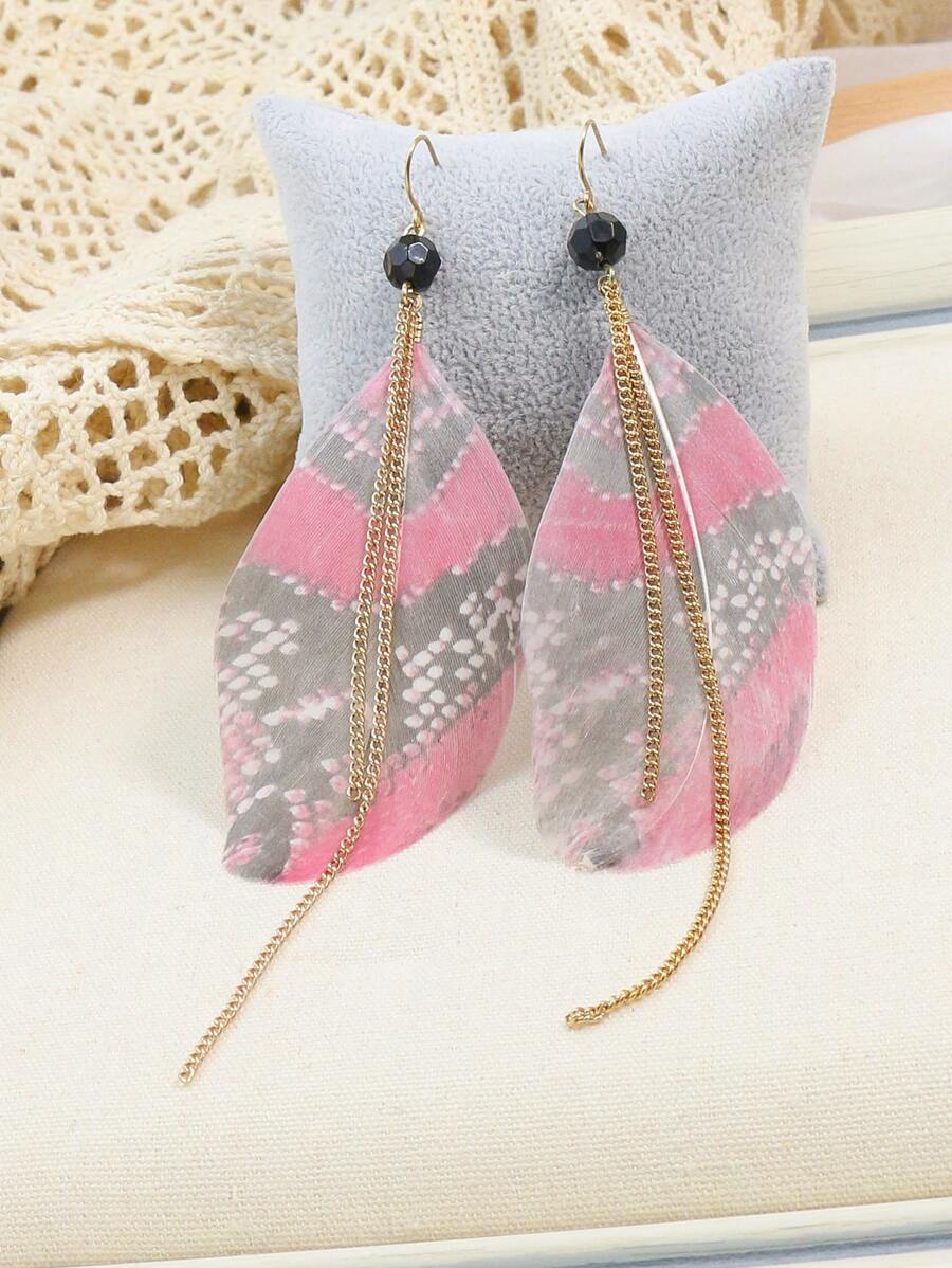 Chain & Feather Drop Earrings - Multicolor - View 1