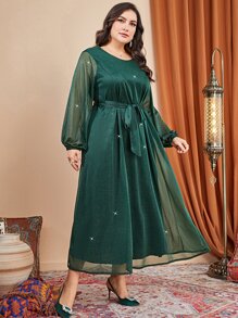 Modelyn Plus Lantern Sleeve Belted Glitter Dress - Dark Green - View 1