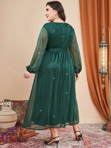 Modelyn Plus Lantern Sleeve Belted Glitter Dress - Dark Green - View 2