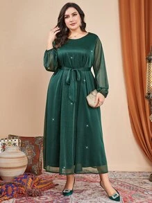 Modelyn Plus Lantern Sleeve Belted Glitter Dress - Dark Green - View 3