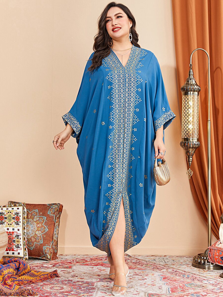 Al Najma Plus Floral Print Batwing Sleeve Split Hem Dress - Blue - View 1