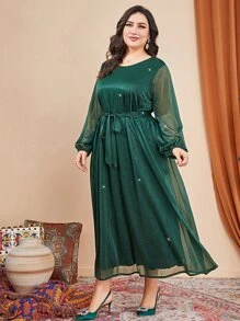 Modelyn Plus Lantern Sleeve Belted Glitter Dress - Dark Green - View 4