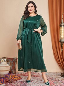 Modelyn Plus Lantern Sleeve Belted Glitter Dress - Dark Green - View 6